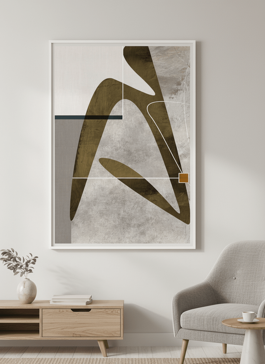 Modern wall art styled above a sofa in a neutral living room