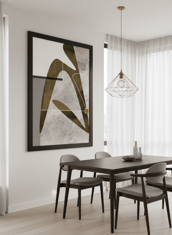 Wall art styled above a dining table in a contemporary home