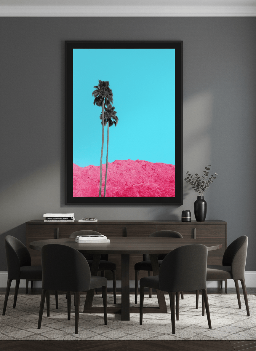 Monumental artwork centred on a feature wall in a luxe interior