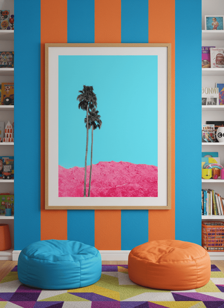 Bold wall art styled in a colourful, eclectic modern home