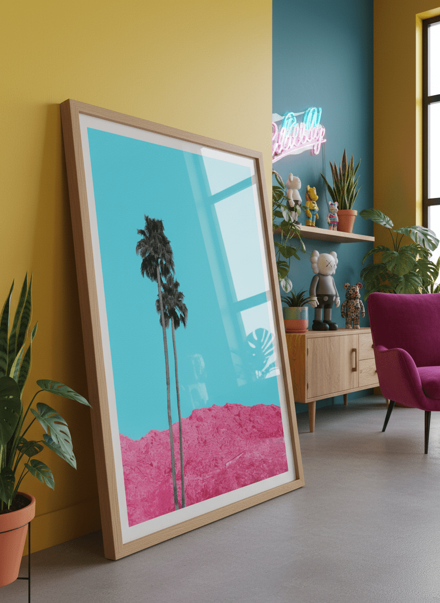 Bold wall art styled in a colourful, eclectic modern home