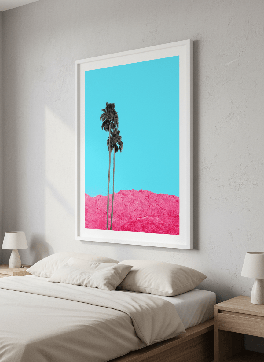 Minimalist artwork displayed in a calm, light-filled bedroom interior