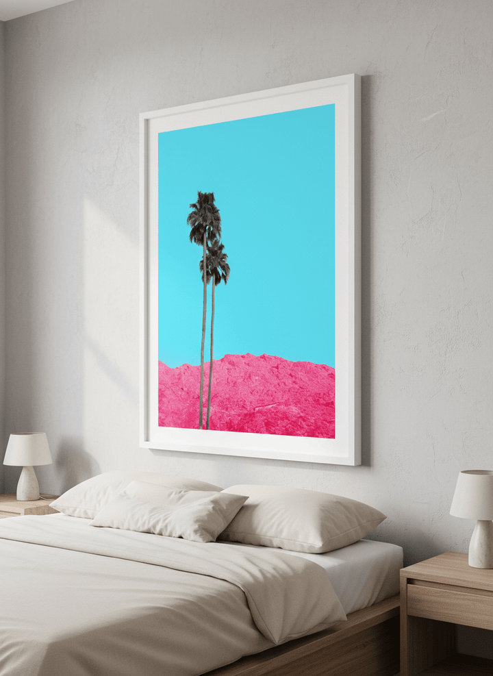 Minimalist artwork displayed in a calm, light-filled bedroom interior