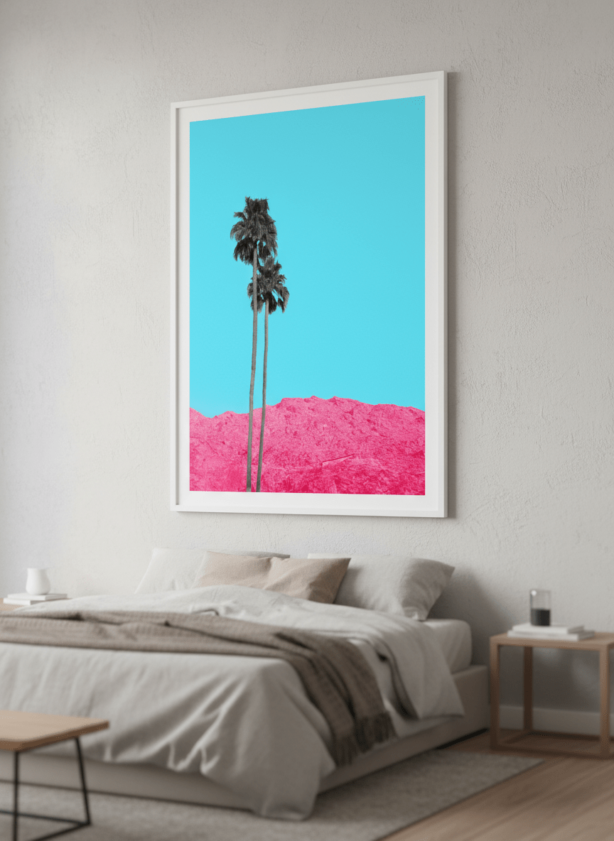 Minimalist artwork displayed in a calm, light-filled bedroom interior