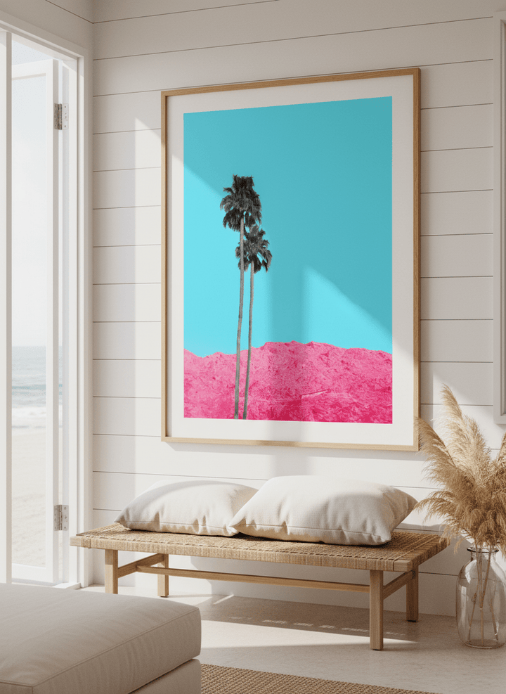 Neutral wall art displayed in a sunny coastal beach house