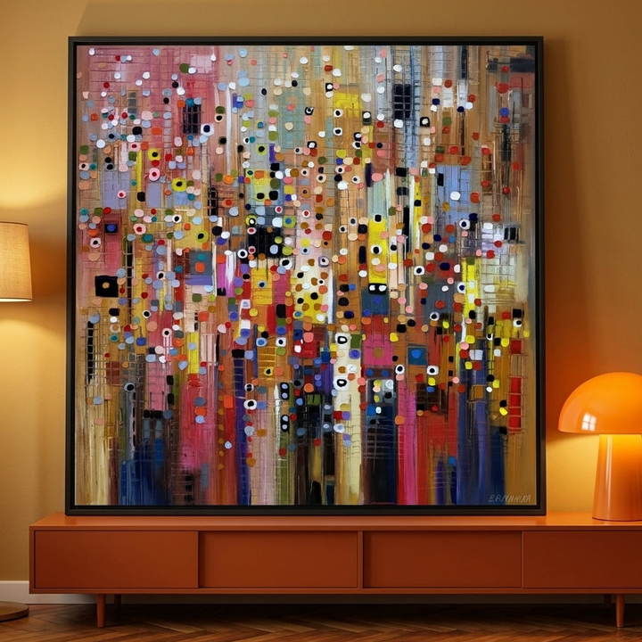 Canvas wall art with a black surround standing on a sideboard in a retro 70s home office
