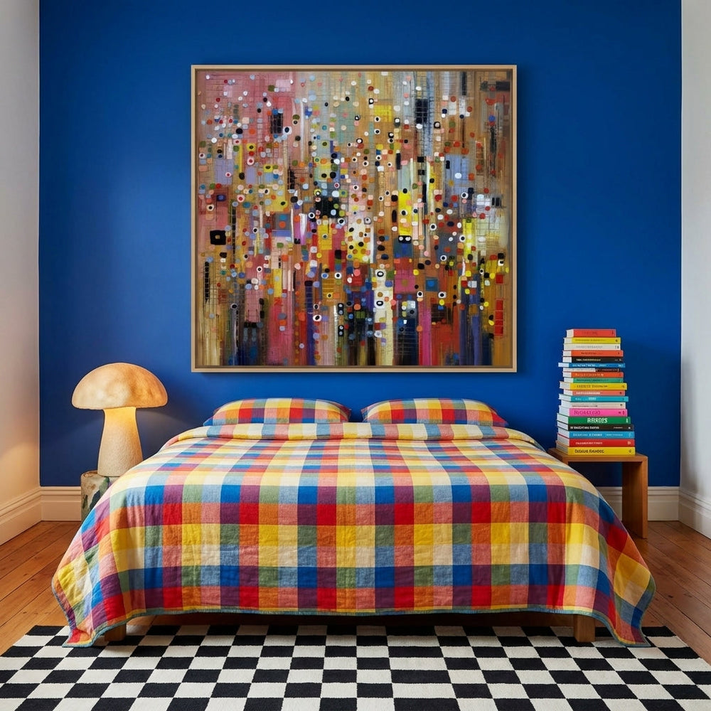 Oversized statement canvas wall art with a natural timber surround styled on the wall in a colourful eclectic bedroom