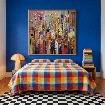 Oversized statement canvas wall art with a natural timber surround styled on the wall in a colourful eclectic bedroom