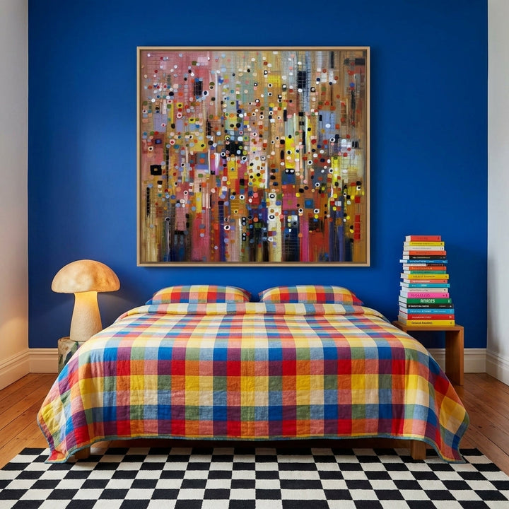 Oversized statement canvas wall art with a natural timber surround styled on the wall in a colourful eclectic bedroom