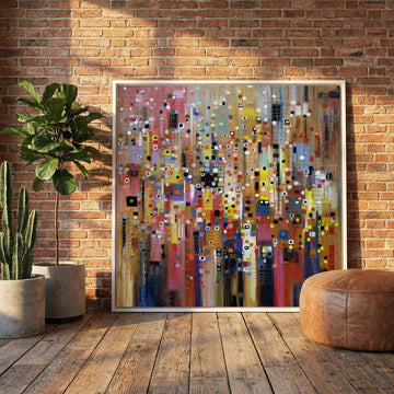 Oversized statement canvas wall art with a white surround leaning against the wall in an industrial loft dining room