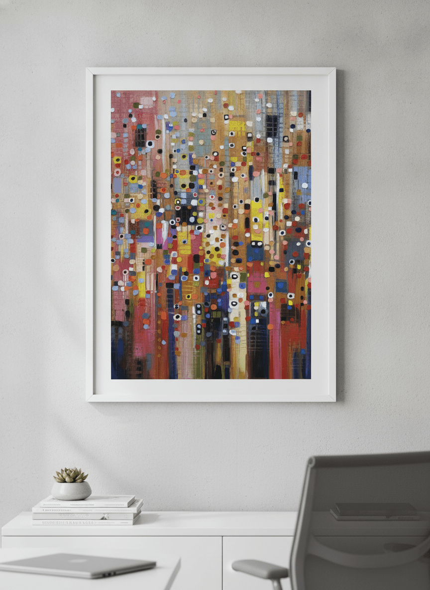 Contemporary wall art featured in a bright modern office workspace