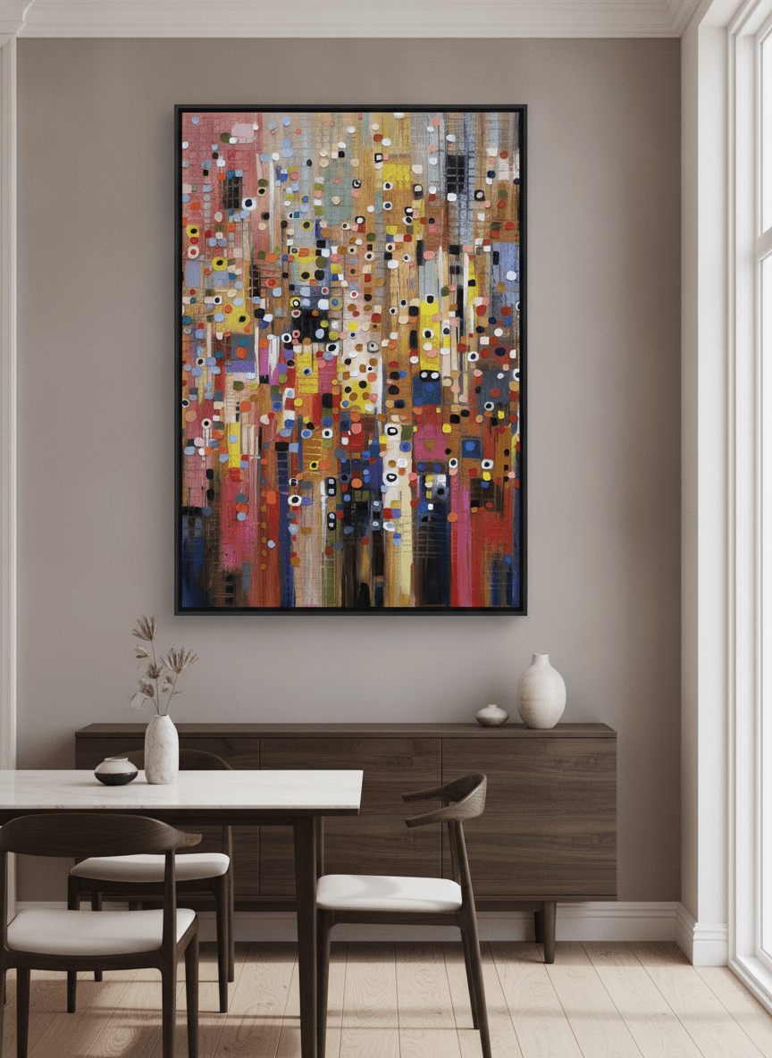 Wall art styled above a dining table in a contemporary home