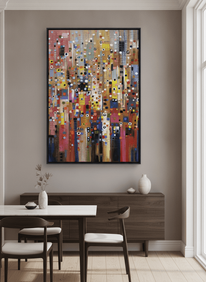 Wall art styled above a dining table in a contemporary home