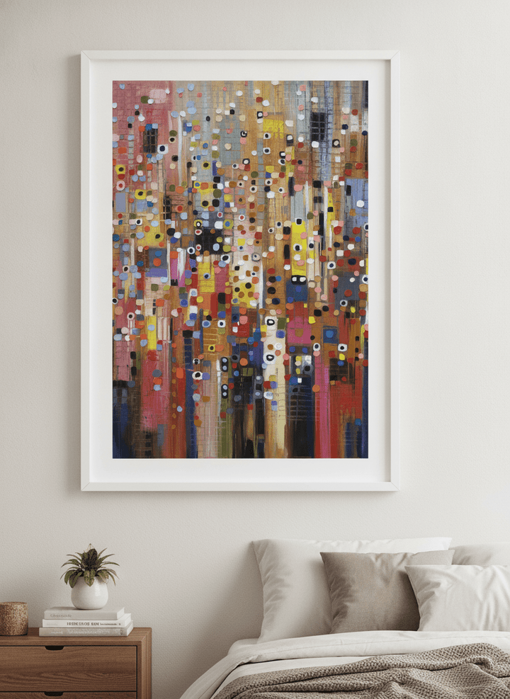 Minimalist artwork displayed in a calm, light-filled bedroom interior