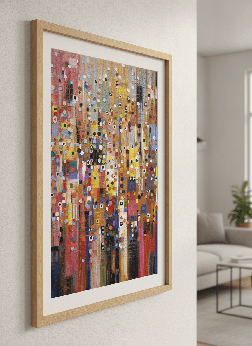 Modern wall art styled above a sofa in a neutral living room