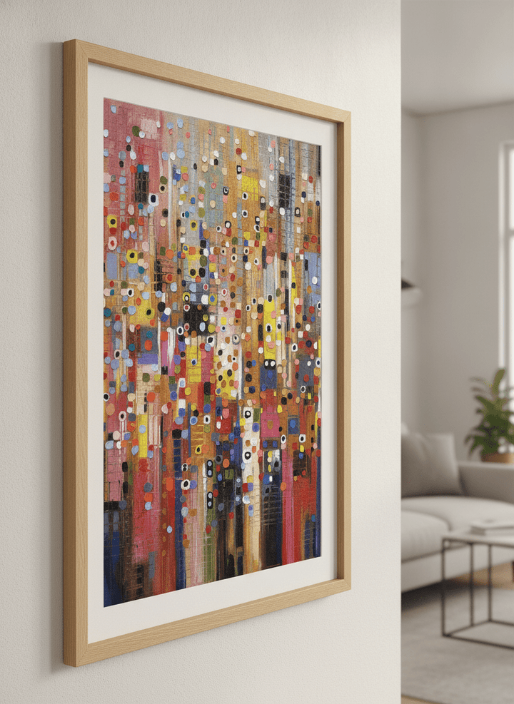 Modern wall art styled above a sofa in a neutral living room