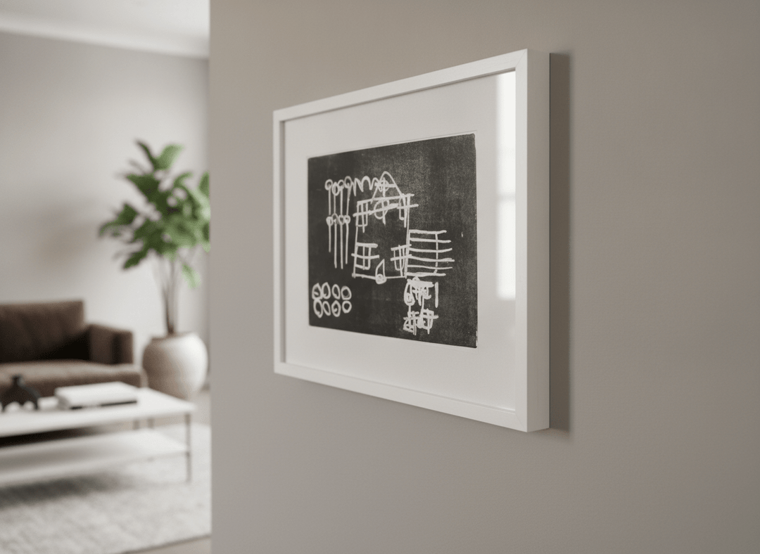 Modern wall art styled above a sofa in a neutral living room