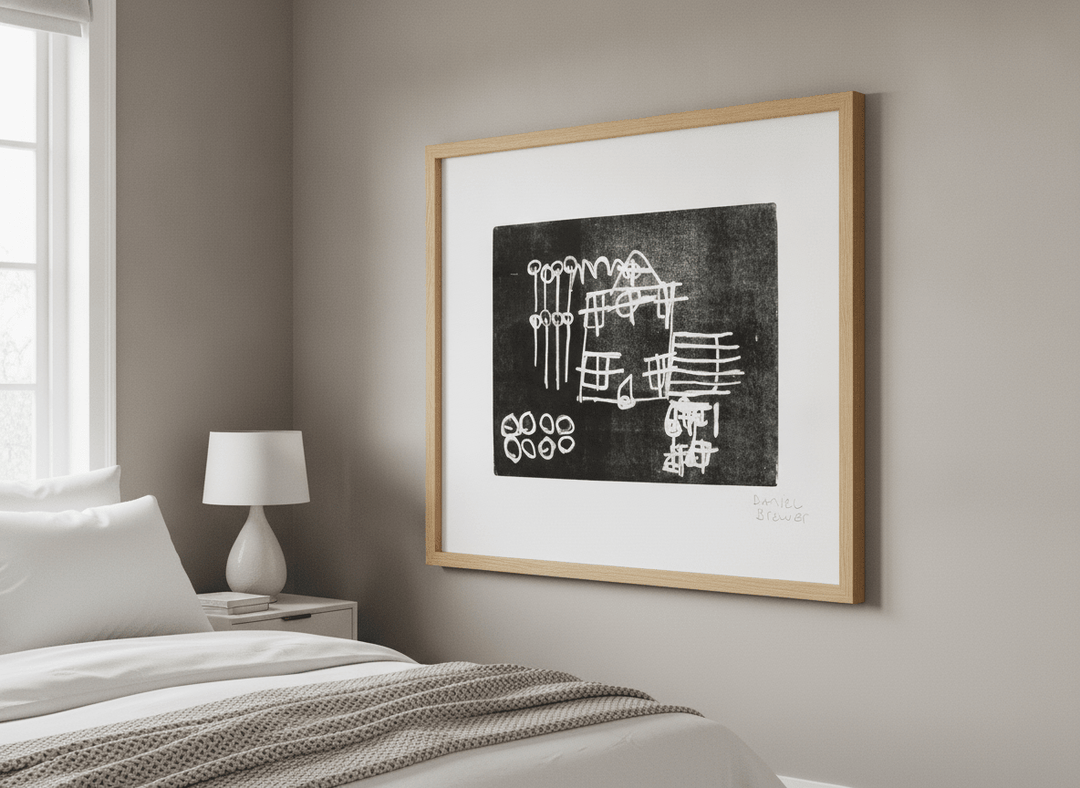 Minimalist artwork displayed in a calm, light-filled bedroom interior