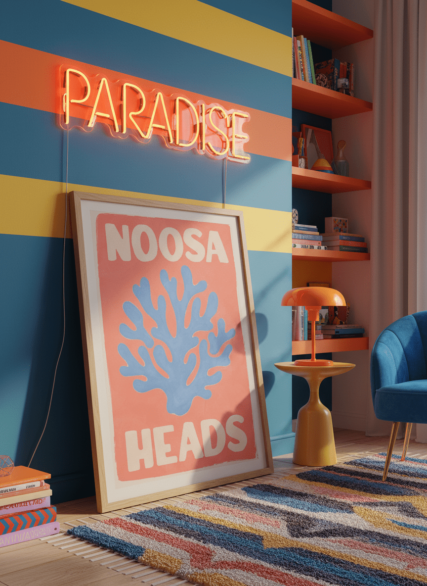 Bold wall art styled in a colourful, eclectic modern home