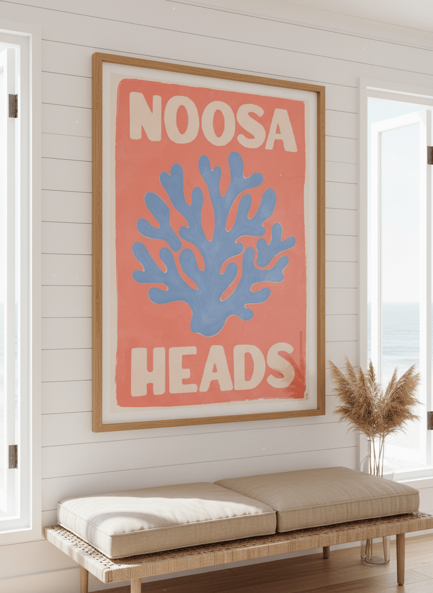 Neutral wall art displayed in a sunny coastal beach house