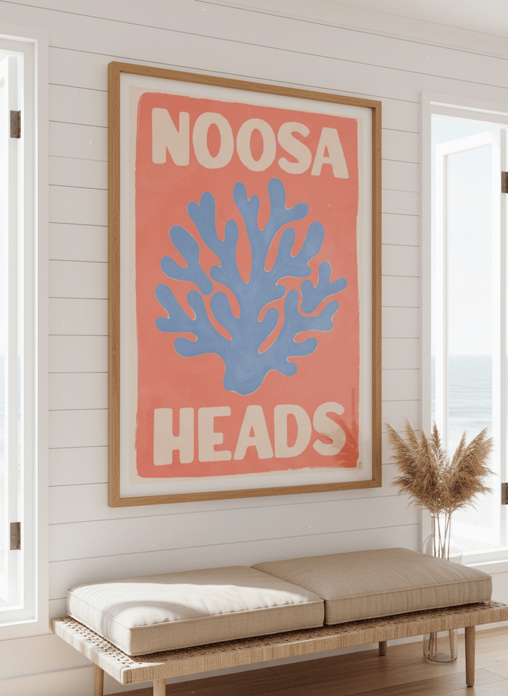 Neutral wall art displayed in a sunny coastal beach house