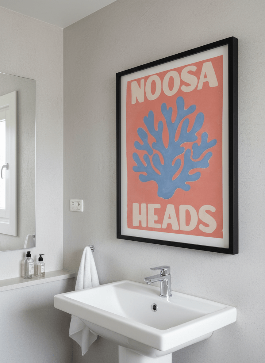 Modern print displayed in a clean minimalist bathroom setting