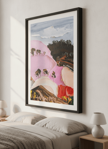 Minimalist artwork displayed in a calm, light-filled bedroom interior