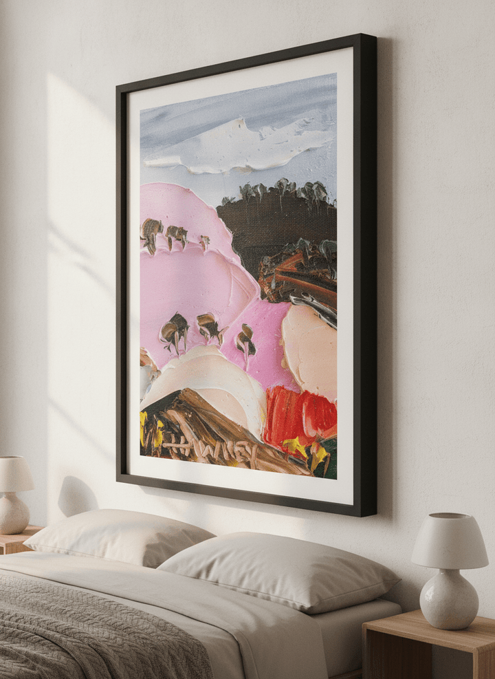 Minimalist artwork displayed in a calm, light-filled bedroom interior
