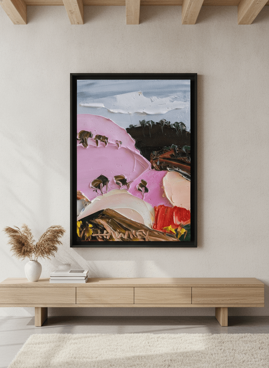 Monumental artwork centred on a feature wall in a luxe interior