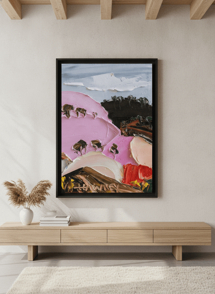 Monumental artwork centred on a feature wall in a luxe interior