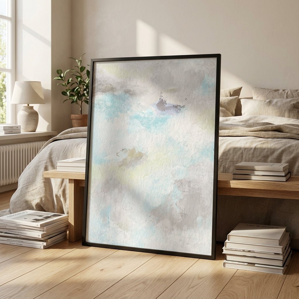 Abstract artwork in a modern bedroom setting