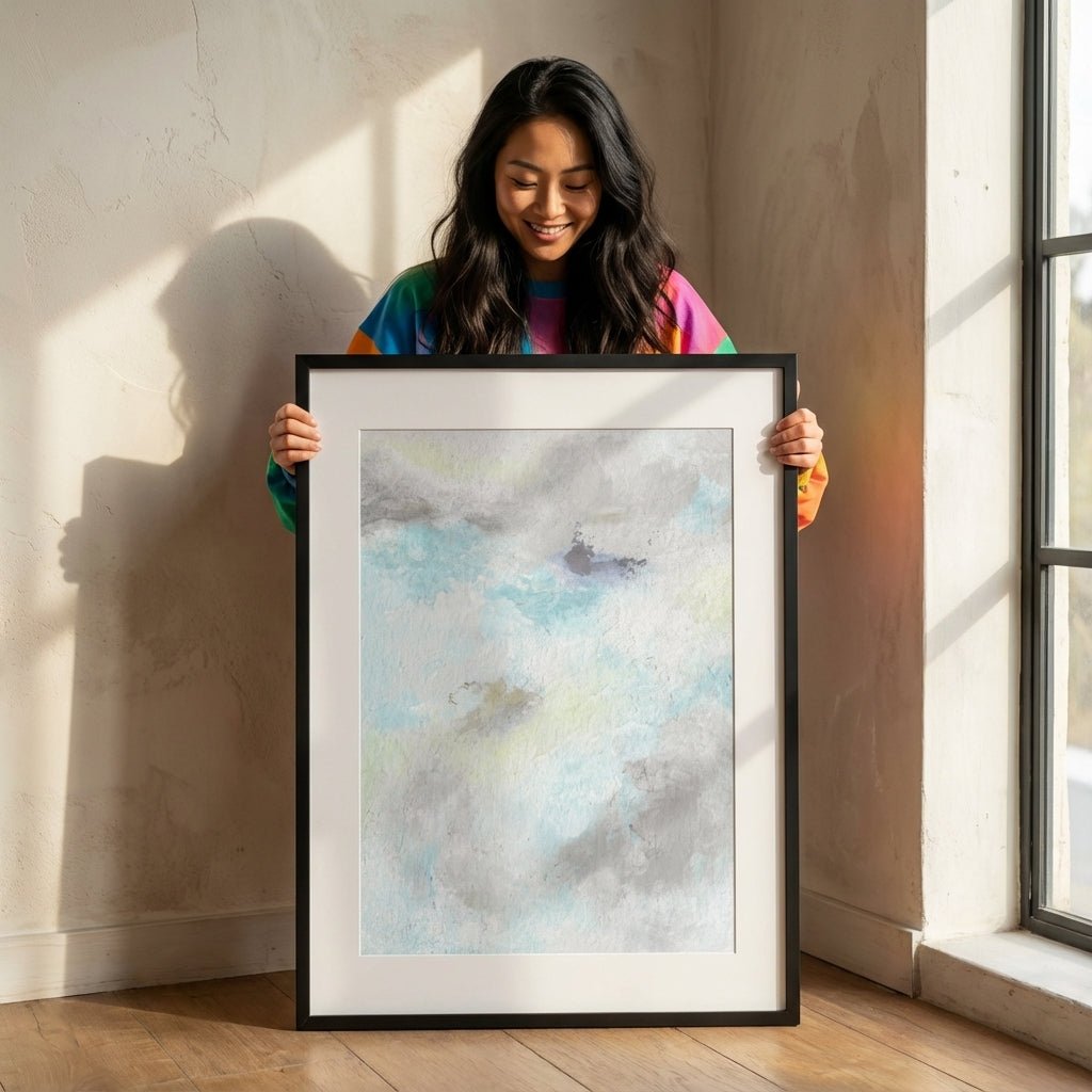 Woman holding a piece of art in a room with natural light