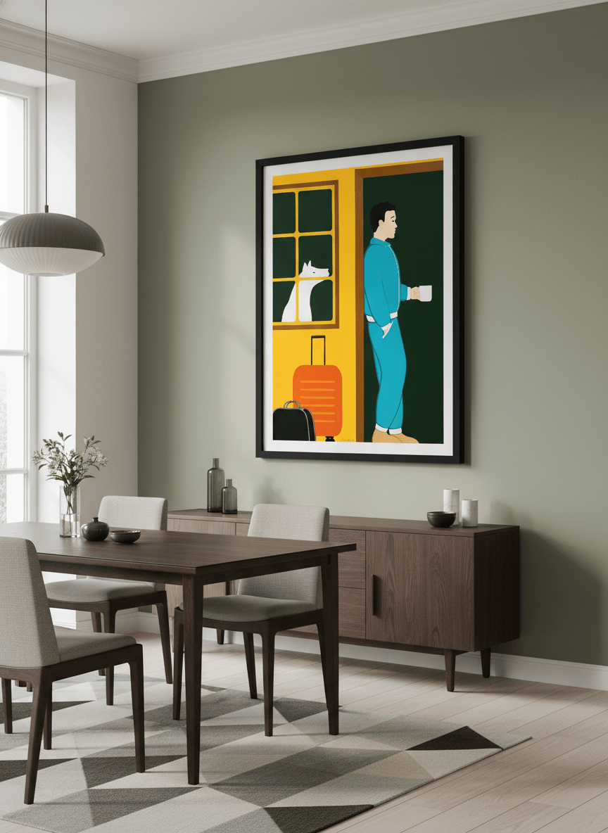 Wall art styled above a dining table in a contemporary home