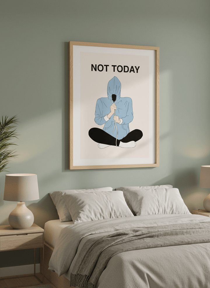 Minimalist artwork displayed in a calm, light-filled bedroom interior
