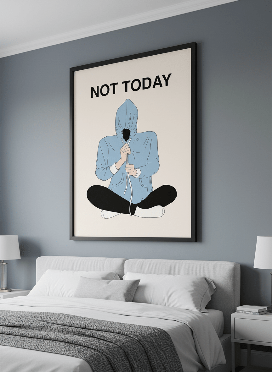 Minimalist artwork displayed in a calm, light-filled bedroom interior