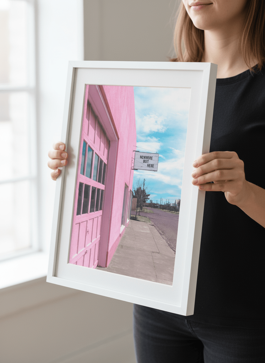 Person showcasing the artwork against a clean modern interior wall