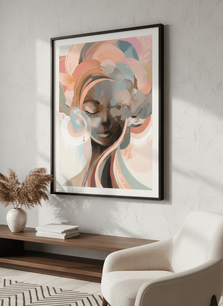 Modern wall art styled above a sofa in a neutral living room
