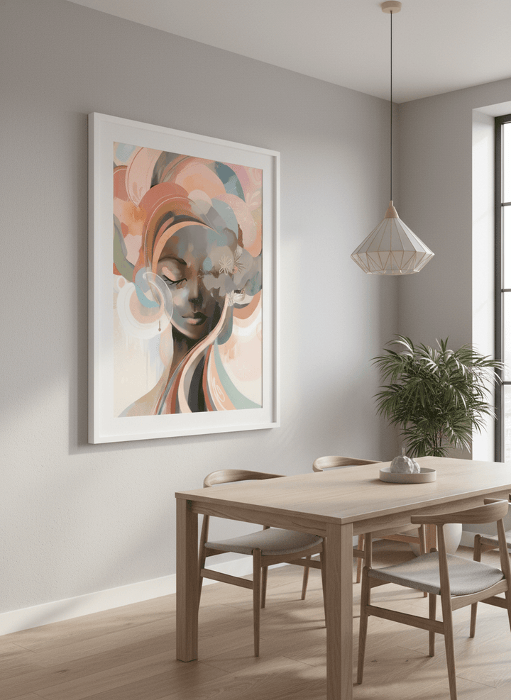 Wall art styled above a dining table in a contemporary home