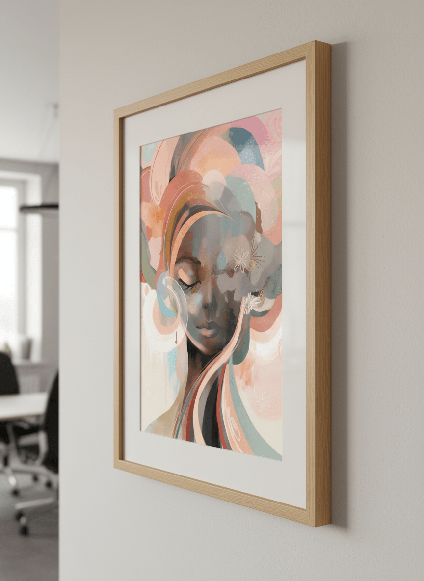 Contemporary wall art featured in a bright modern office workspace