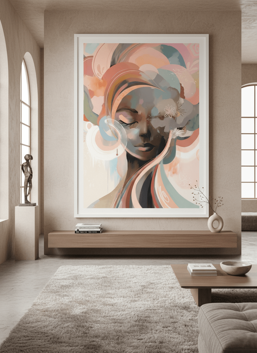 Monumental artwork centred on a feature wall in a luxe interior