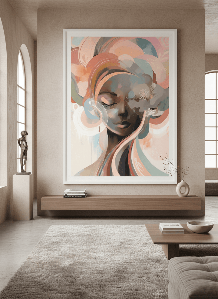 Monumental artwork centred on a feature wall in a luxe interior