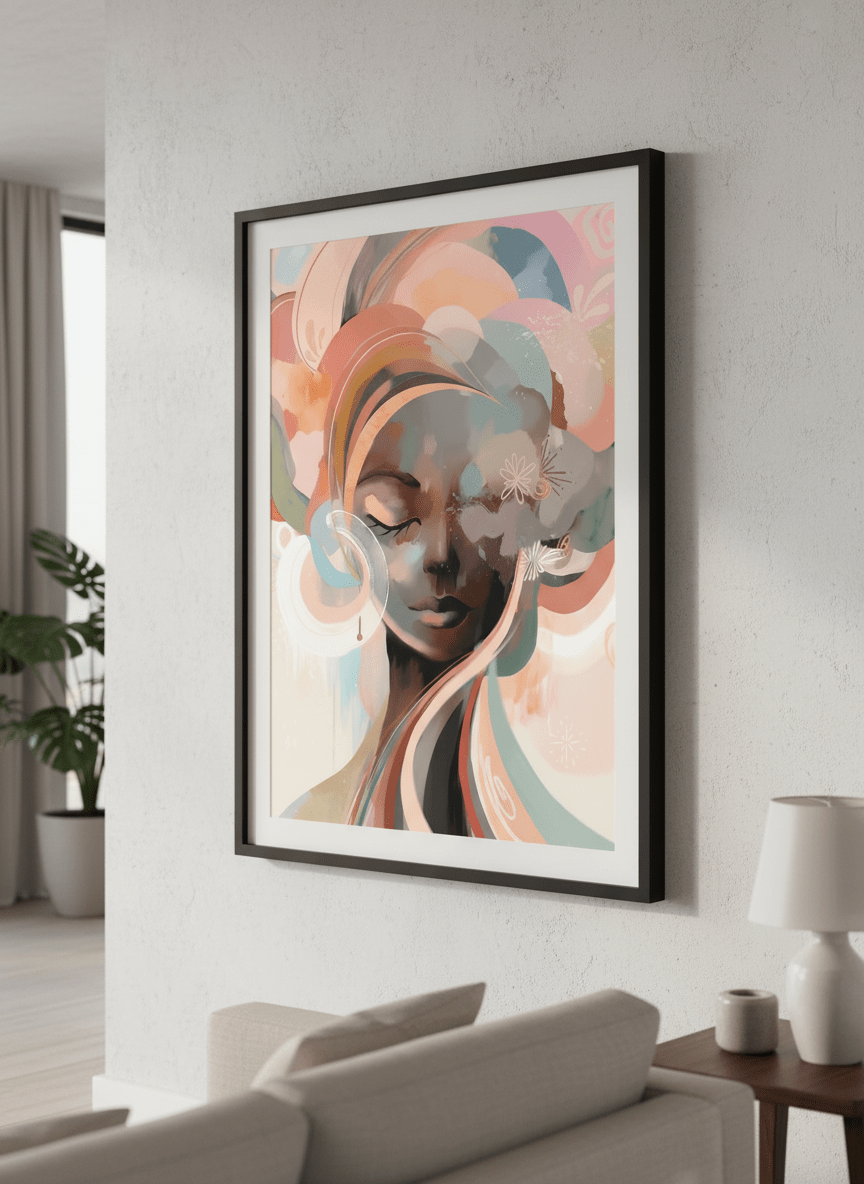 Modern wall art styled above a sofa in a neutral living room