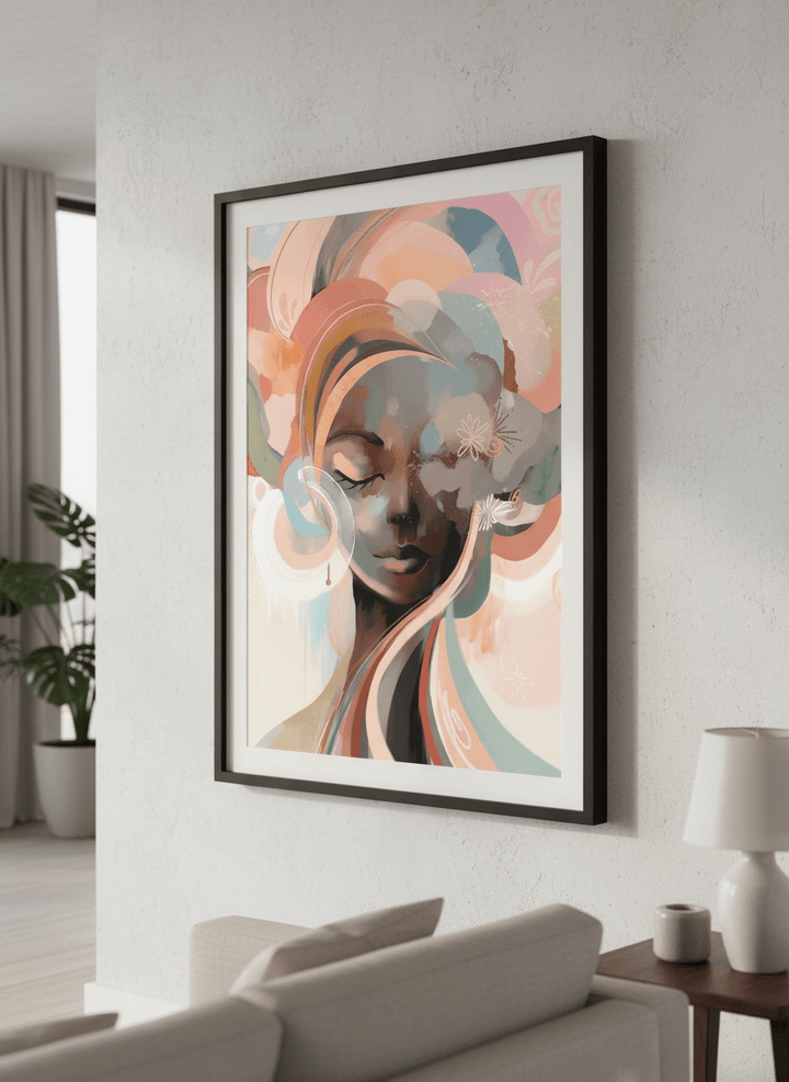 Modern wall art styled above a sofa in a neutral living room