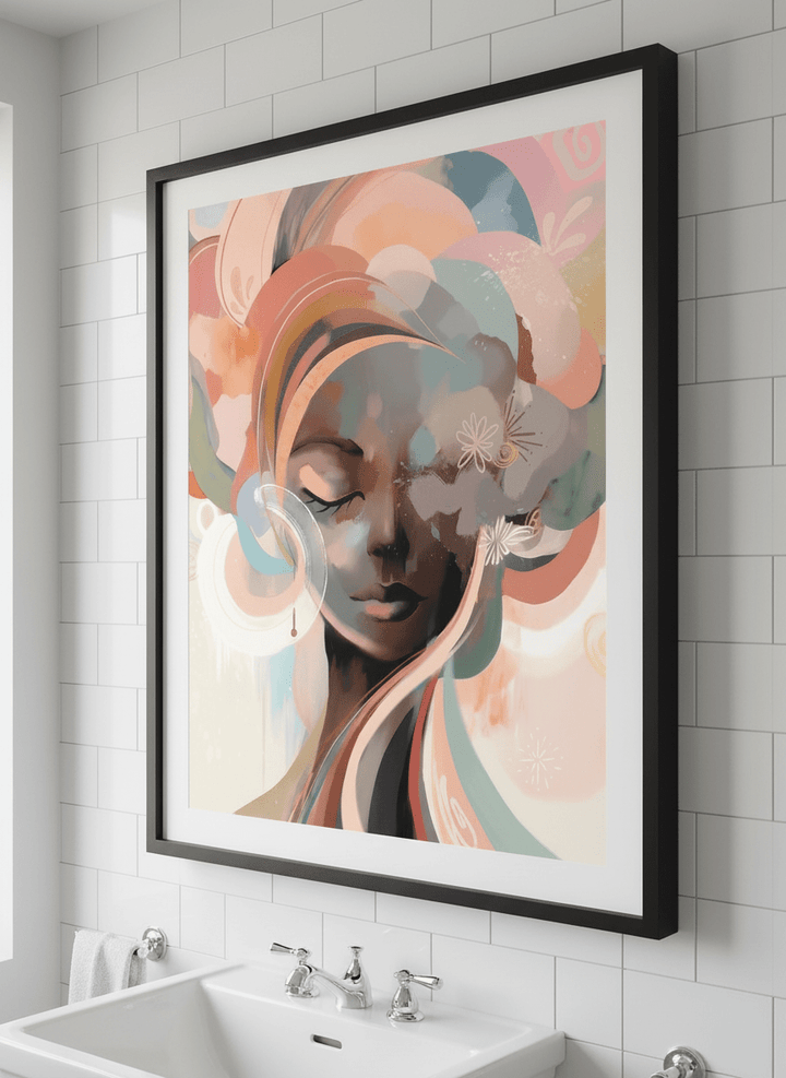 Modern print displayed in a clean minimalist bathroom setting