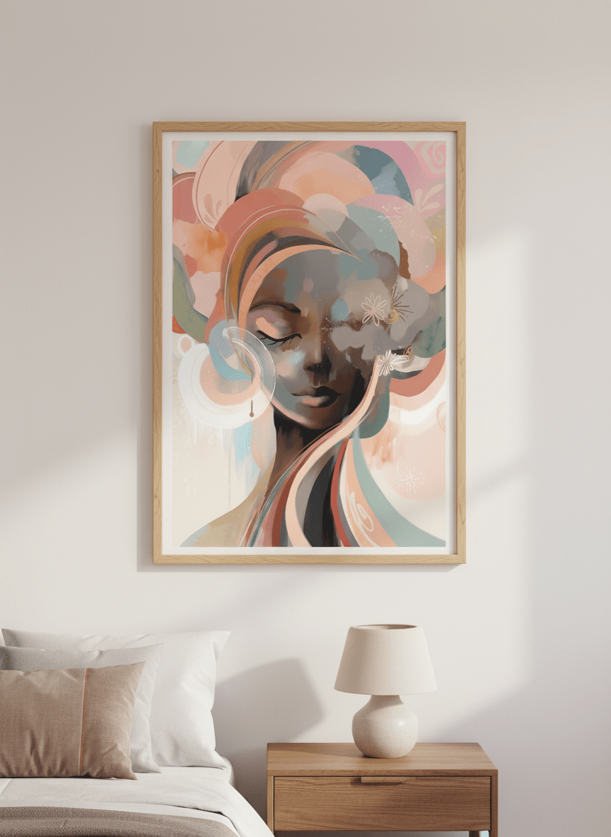 Minimalist artwork displayed in a calm, light-filled bedroom interior