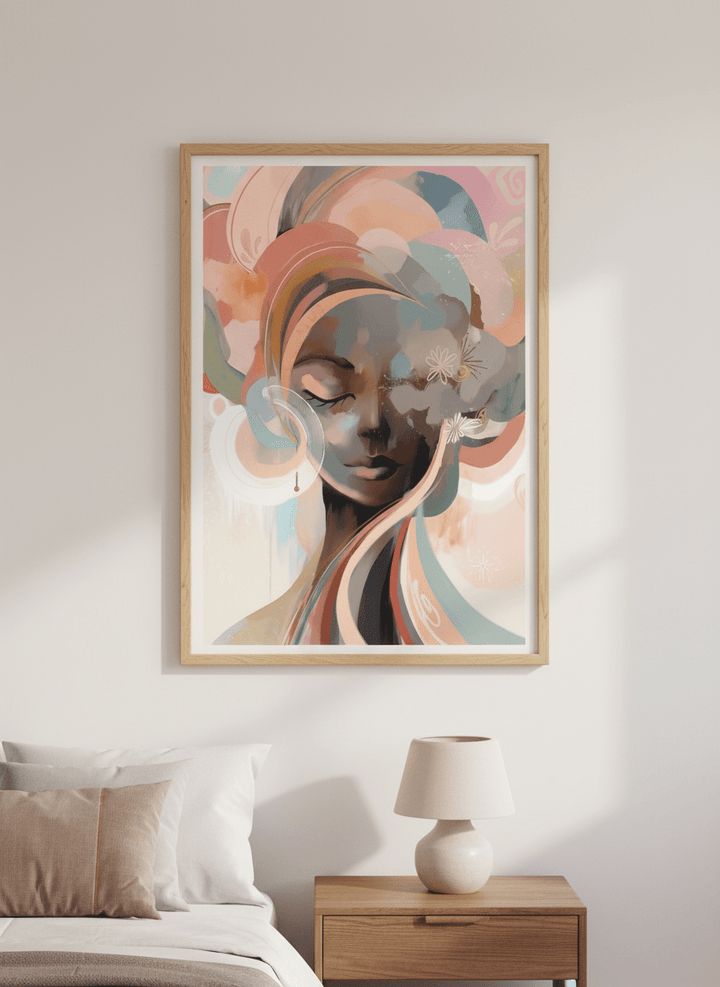 Minimalist artwork displayed in a calm, light-filled bedroom interior