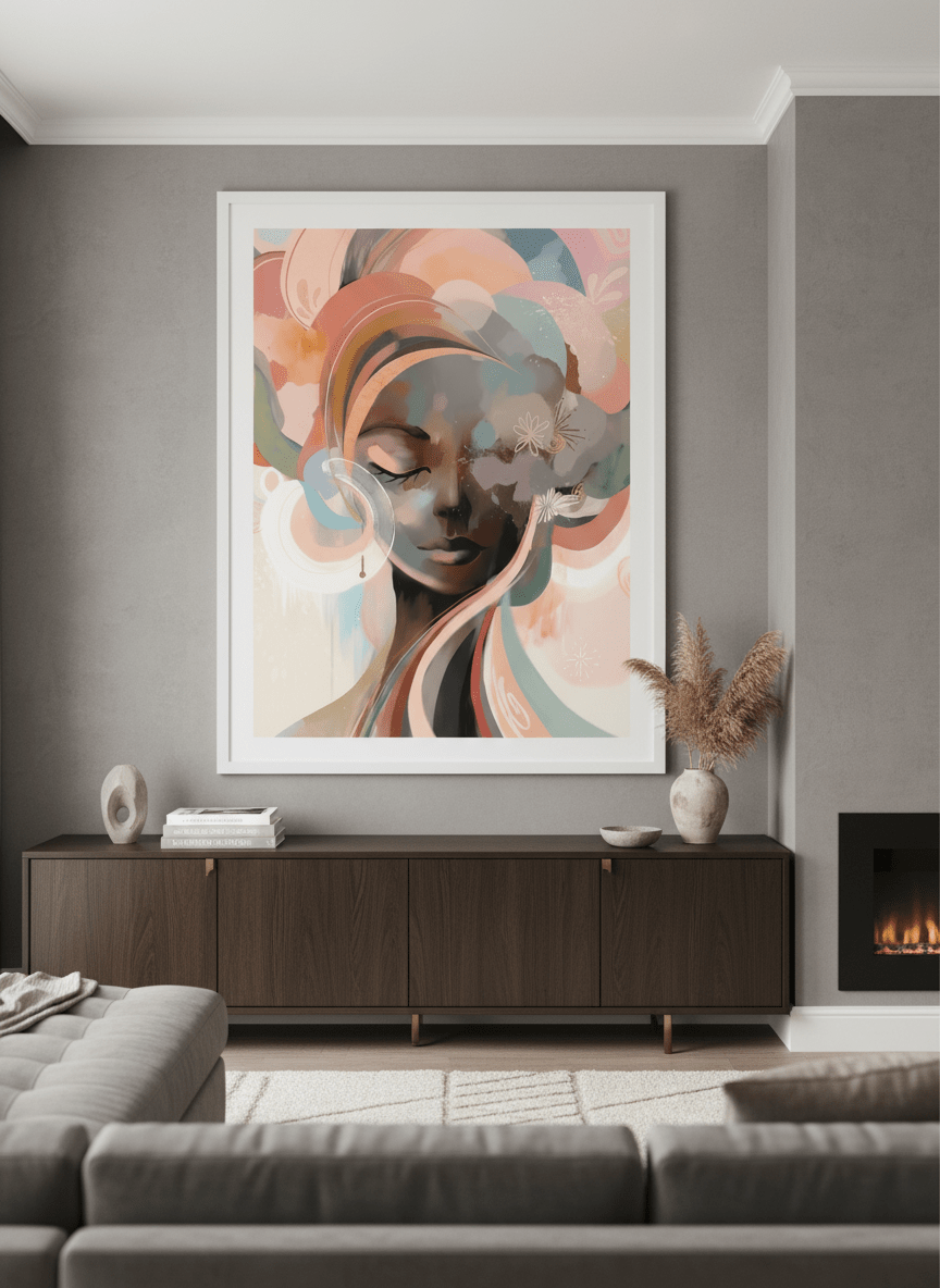Monumental artwork centred on a feature wall in a luxe interior