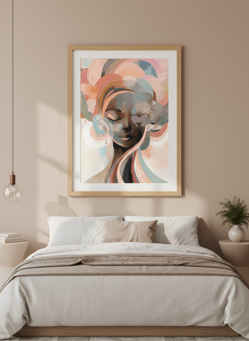 Minimalist artwork displayed in a calm, light-filled bedroom interior