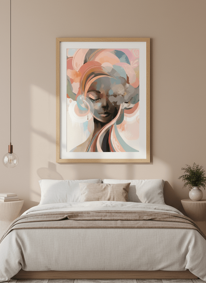 Minimalist artwork displayed in a calm, light-filled bedroom interior