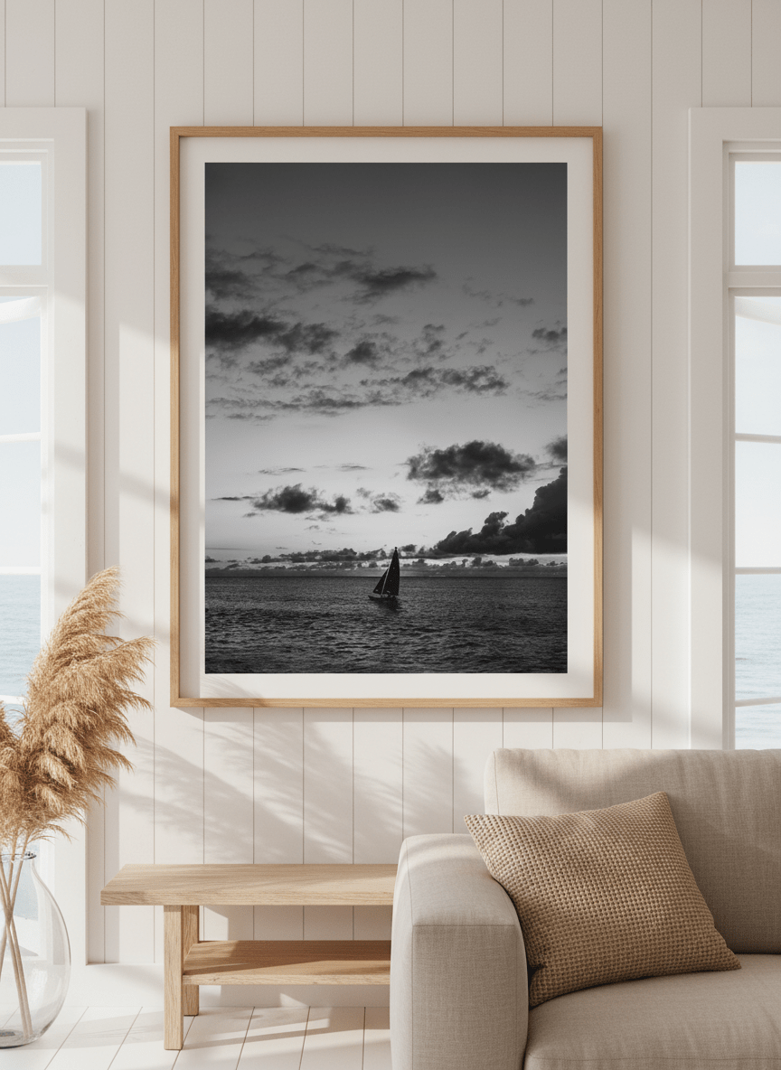 Neutral wall art displayed in a sunny coastal beach house